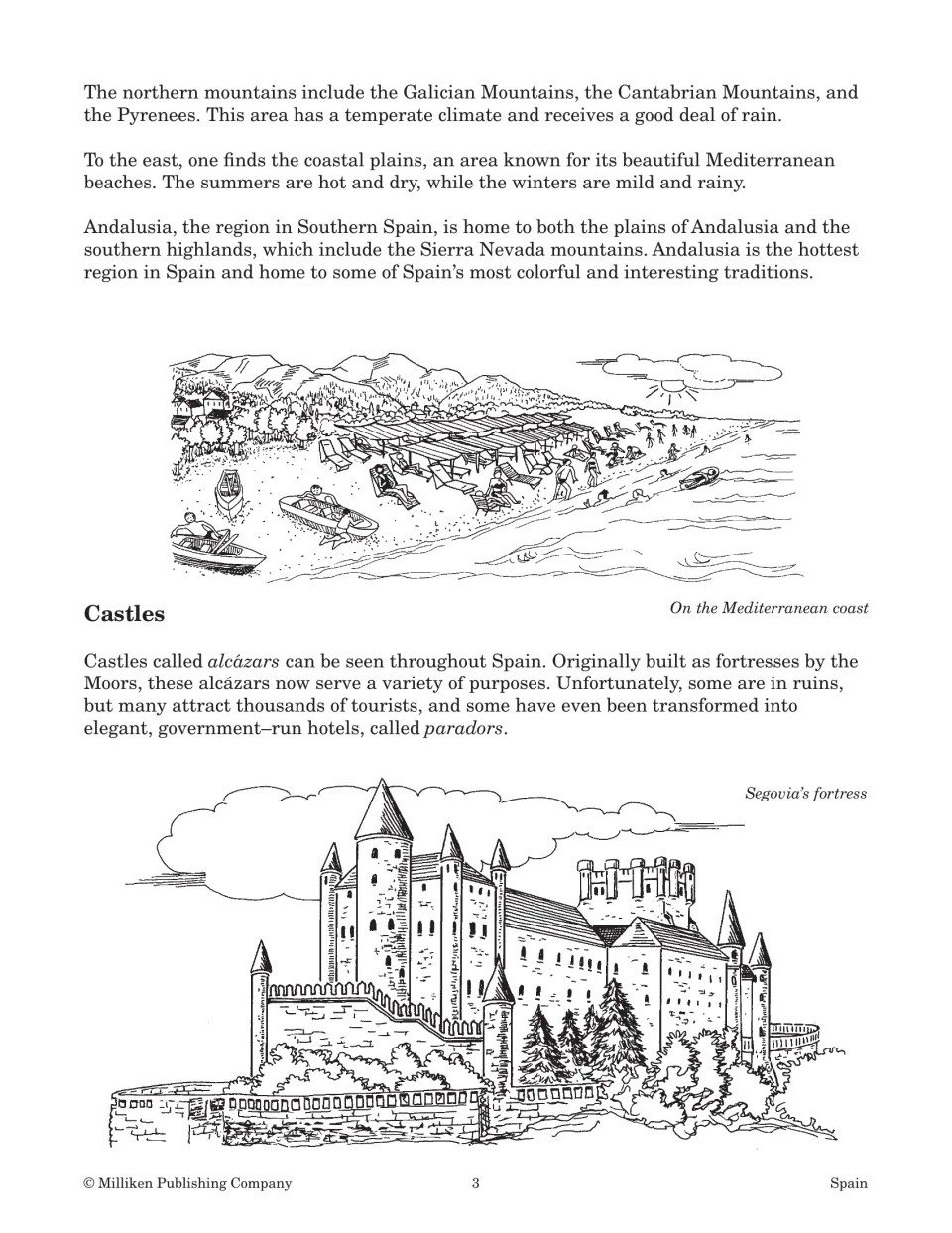 Spain reading continues with regional climates and castles, illustrated by a coast scene and Segovia's fortress