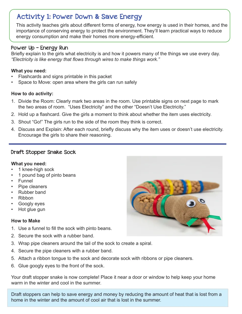 Power Down & Save Energy activity directions include an electricity sorting run and a sock draft stopper craft