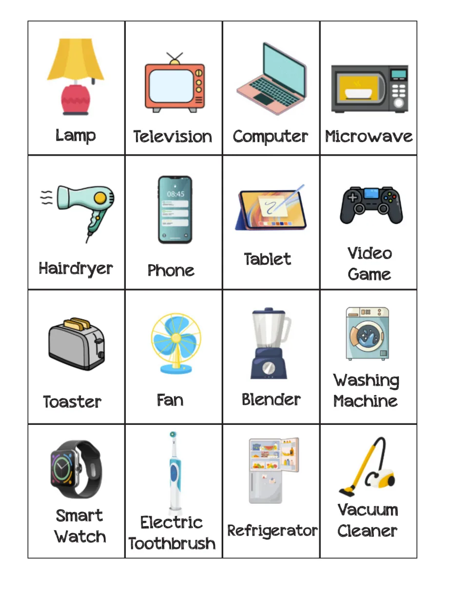 Energy Run flashcards: 16 electricity-using items, including a lamp, television, computer, and microwave