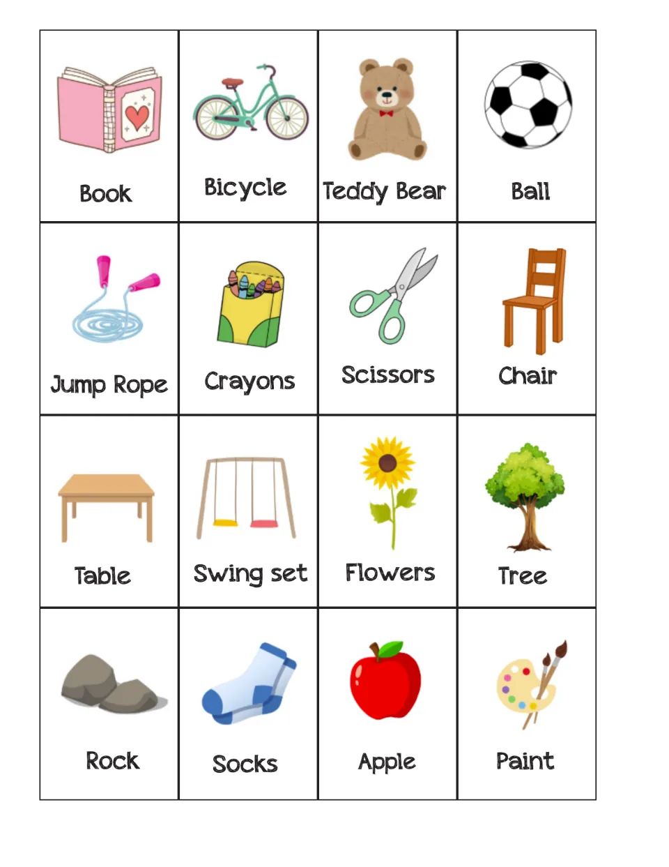 Energy Run flashcards: 16 items that do not use electricity, including a book, bicycle, teddy bear, and ball