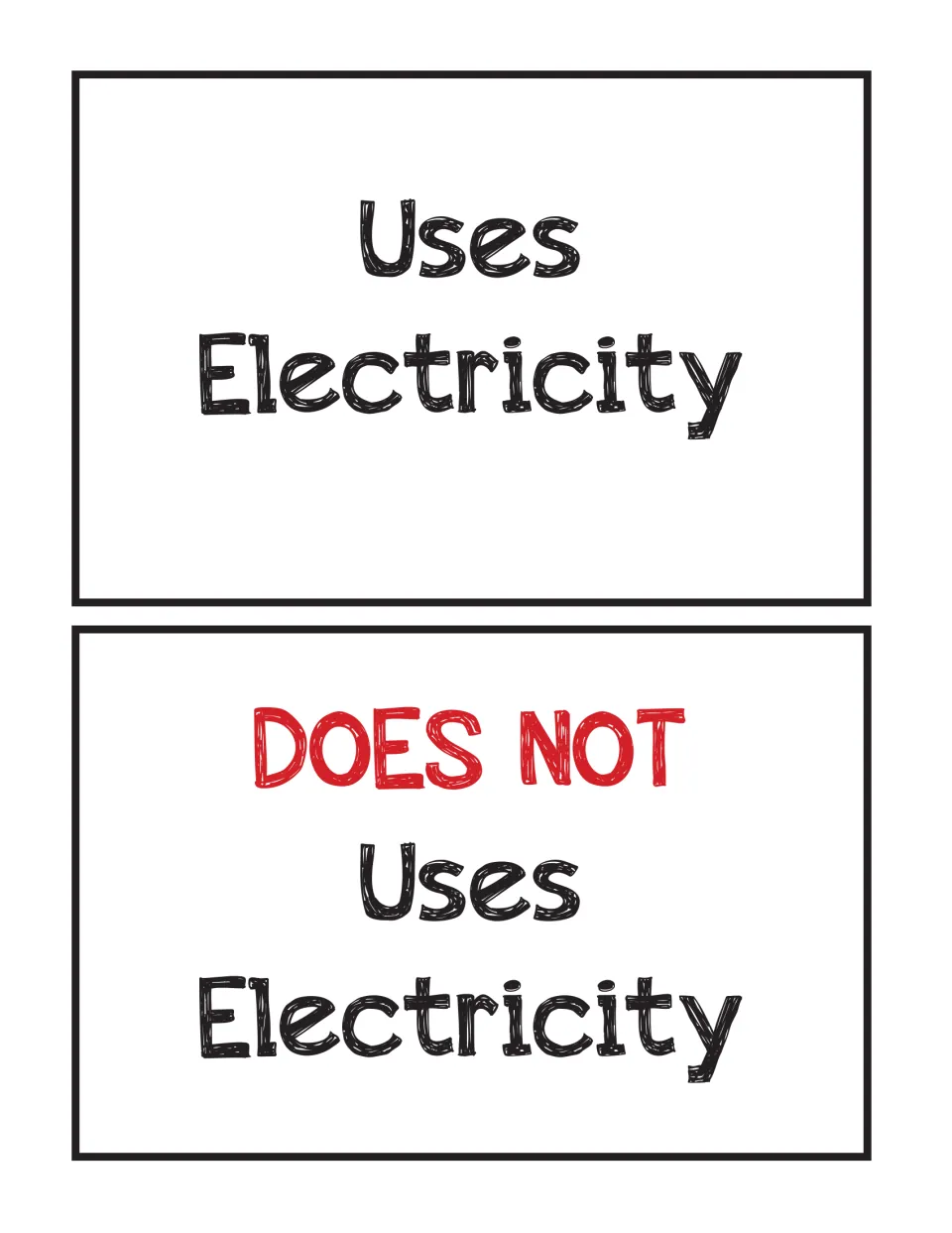 Energy Run sorting signs labeled “Uses Electricity” and “DOES NOT Uses Electricity” mark the two game areas
