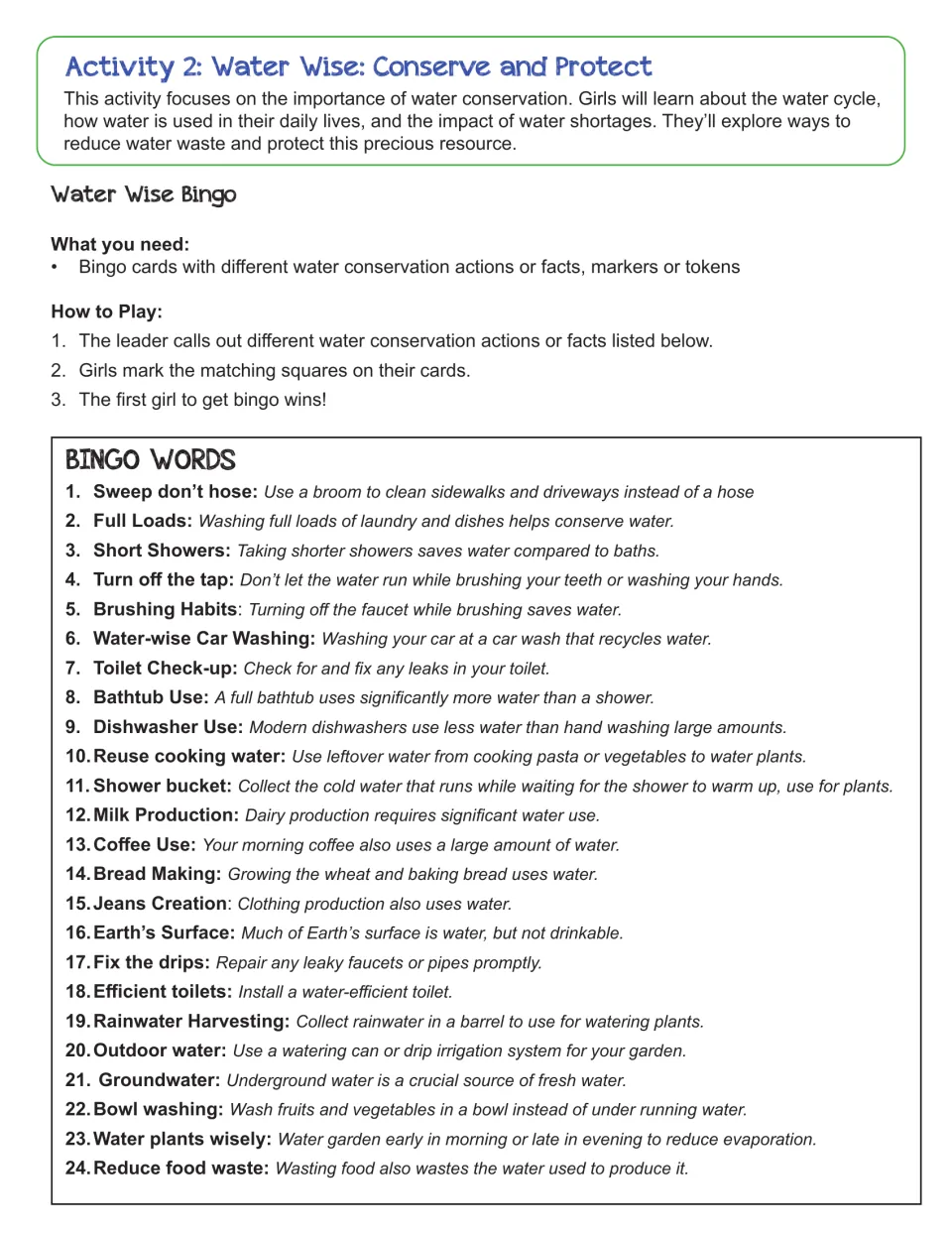 Water Wise Bingo instructions and 24 calling topics cover saving water, daily water use, and groundwater