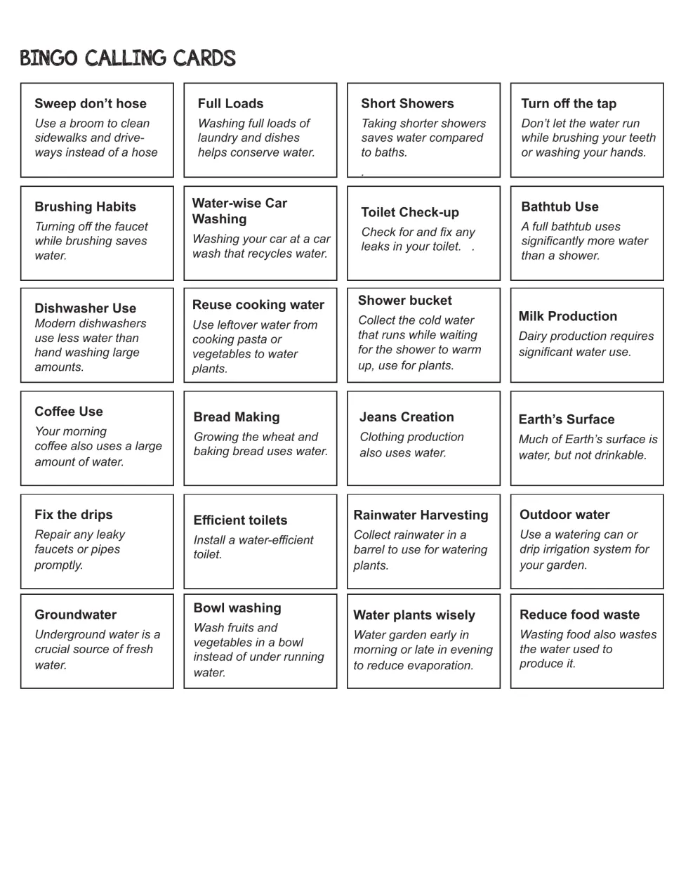 Water Wise Bingo calling cards: 24 water facts and actions, including Full Loads, Short Showers, and Groundwater