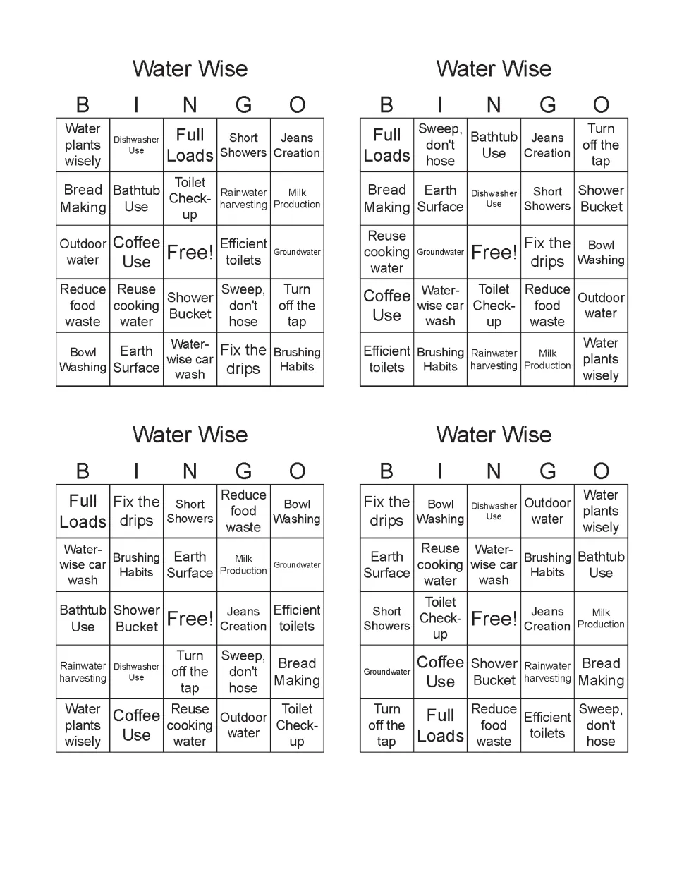 Water Wise Bingo boards 1–4 include Water plants wisely, Full Loads, Fix the drips, and a free space on each