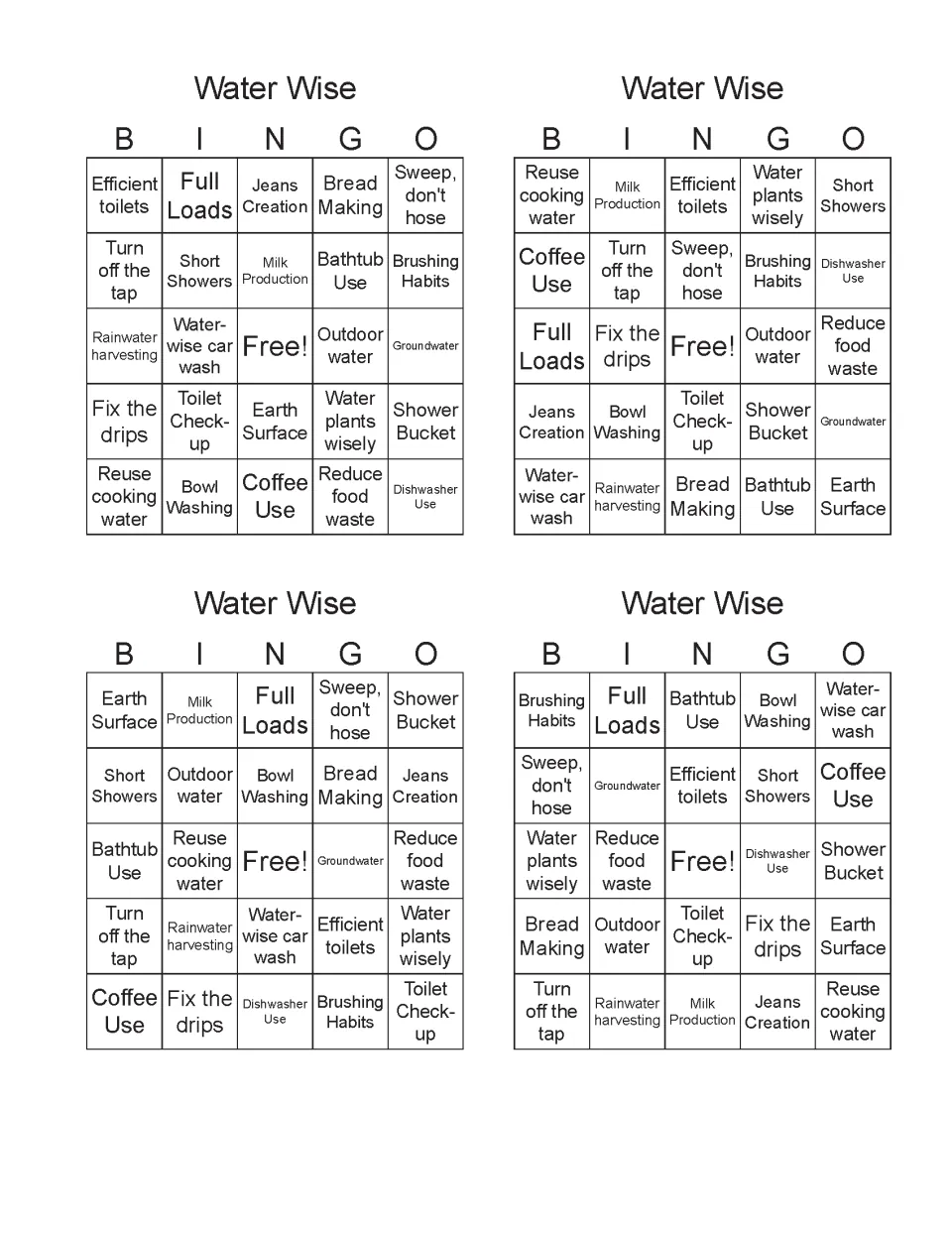 Water Wise Bingo boards 5–8 include Efficient toilets, Reuse cooking water, Earth Surface, and Brushing Habits