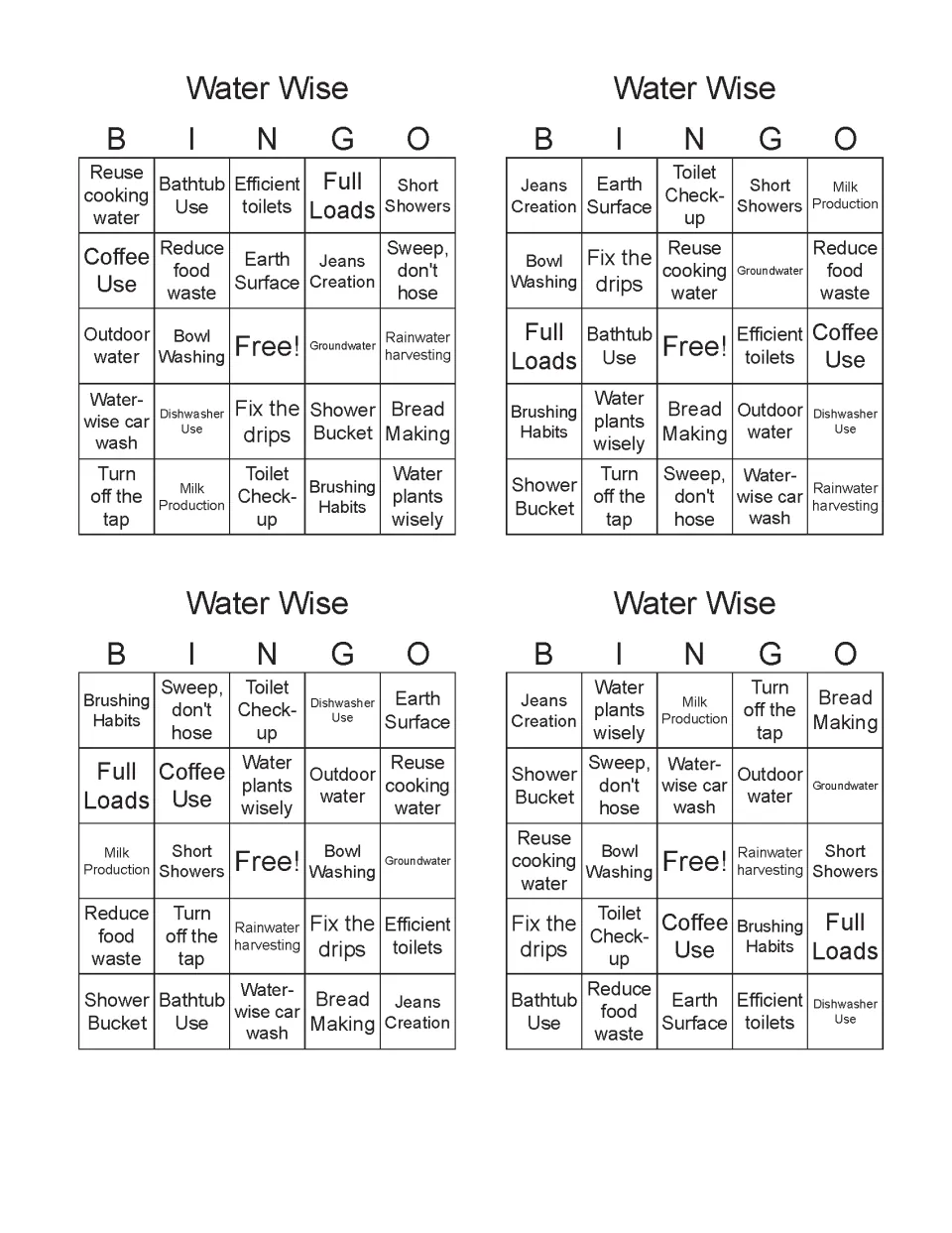 Water Wise Bingo boards 9–12 include Reuse cooking water, Jeans Creation, Brushing Habits, and free spaces