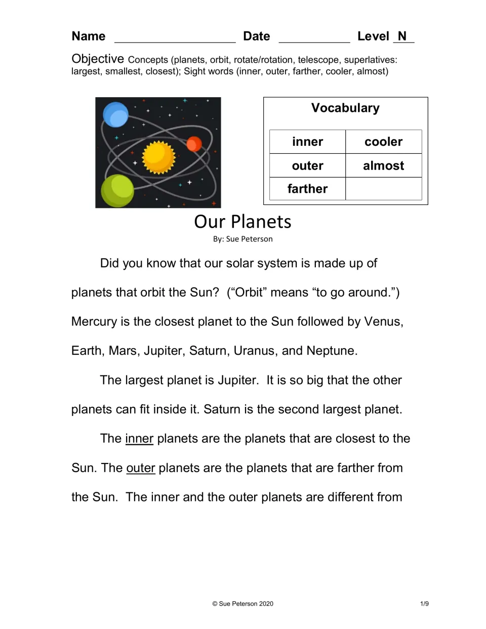 Solar system reading, part 1: planets orbit the Sun, planet order, Jupiter as largest, inner vs outer; vocabulary list