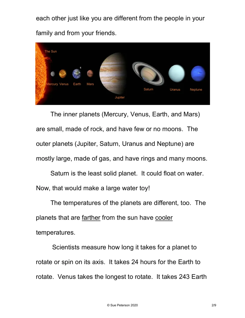 Reading continues with a labeled photo of the Sun and eight planets, comparing rocky inner and gassy outer planets