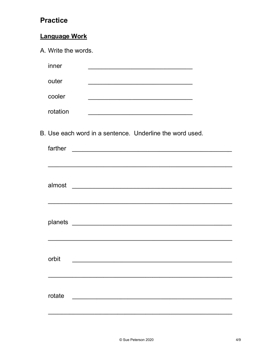 Language work vocabulary practice: students copy inner, outer, cooler, rotation, then write sentences using five words