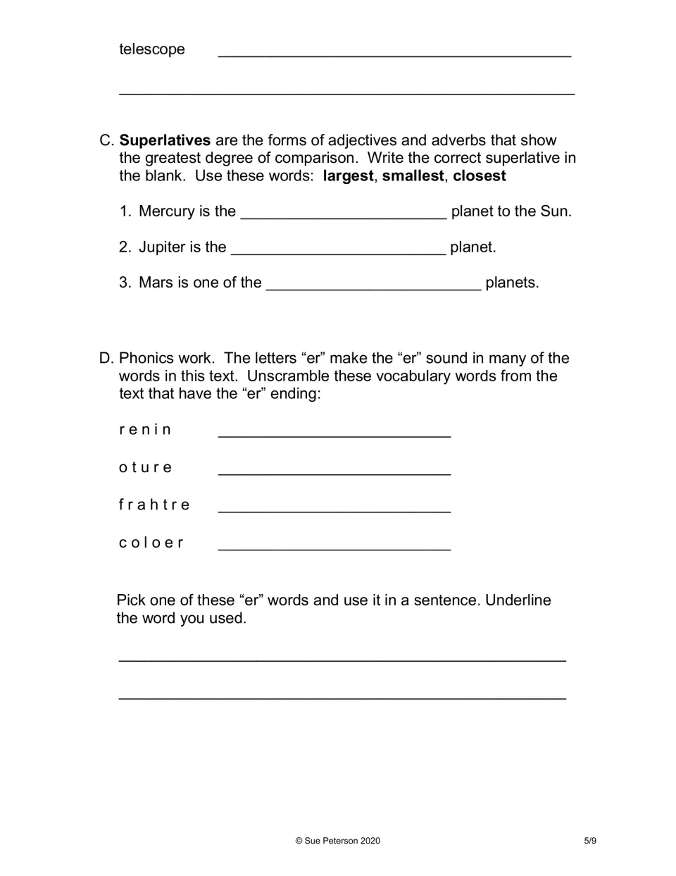 Superlatives and phonics: fill in largest, smallest or closest about planets, unscramble four 'er' words, write a sentence