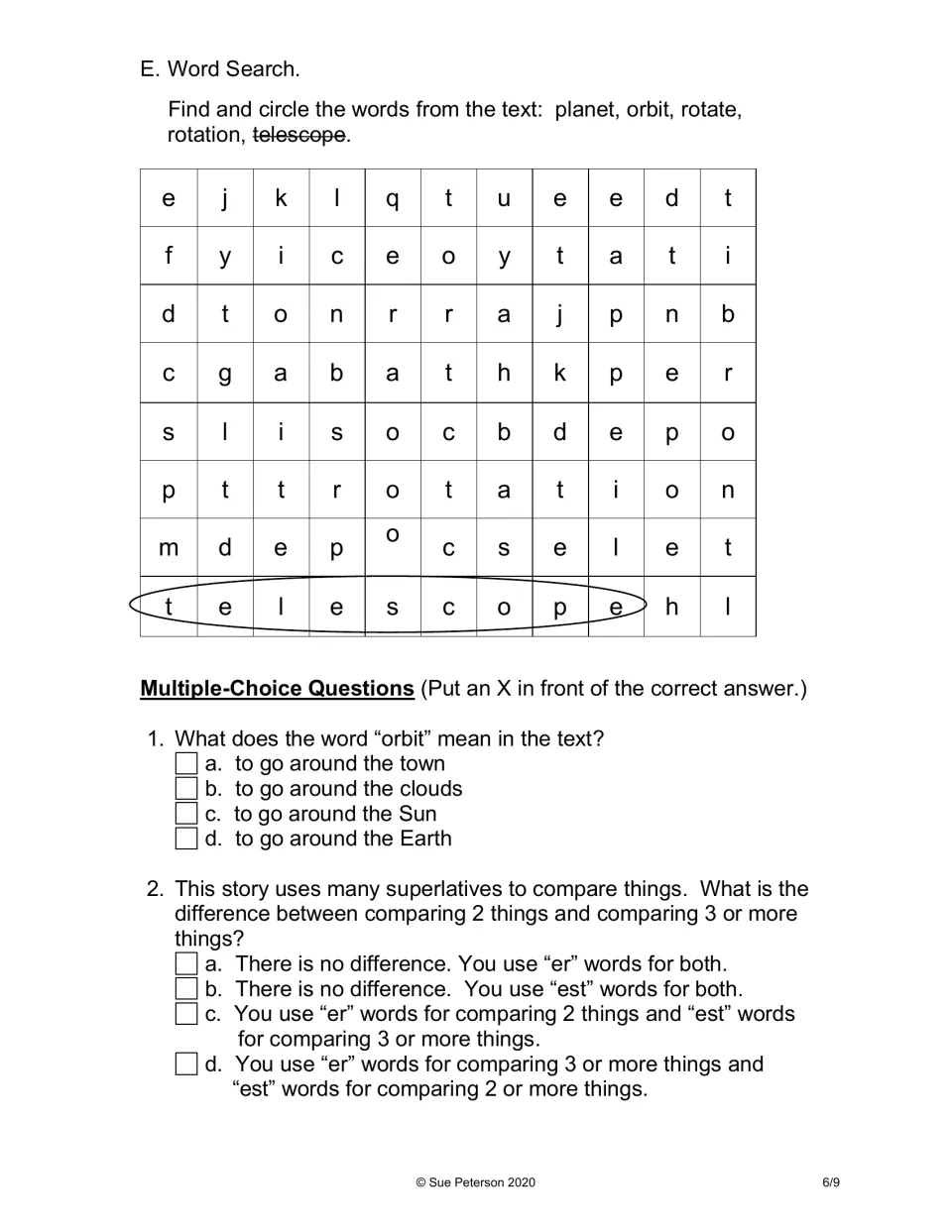 Word search for planet, orbit, rotate and rotation with telescope circled as a model, plus two multiple-choice questions