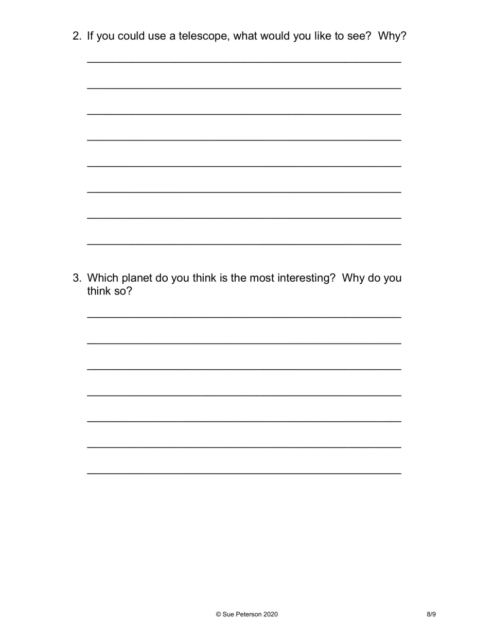 Extended response questions 2 and 3: what students would like to see with a telescope and which planet is most interesting