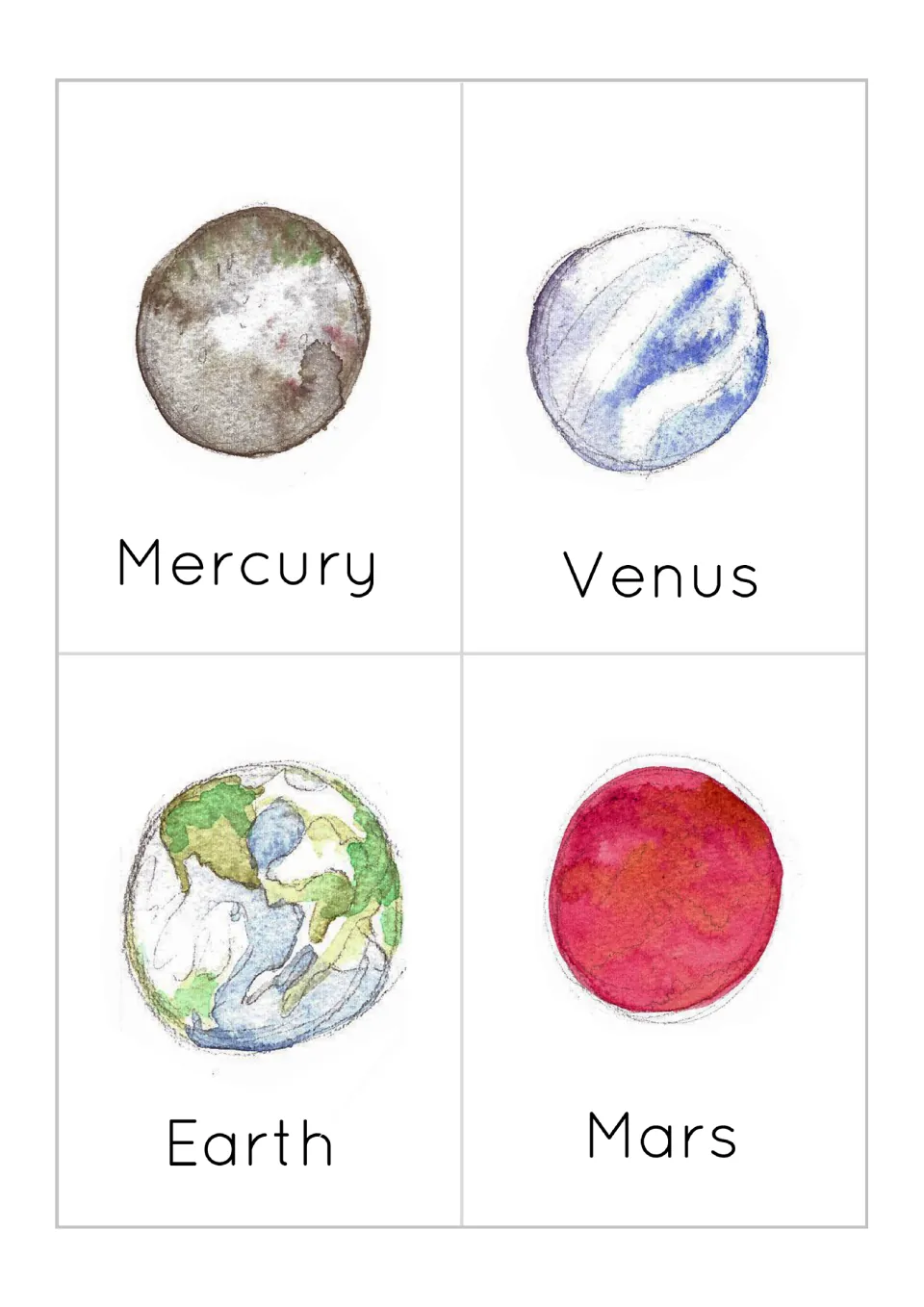 Inner planet flash cards: watercolor Mercury, Venus, Earth and Mars, each named below its picture for name recognition
