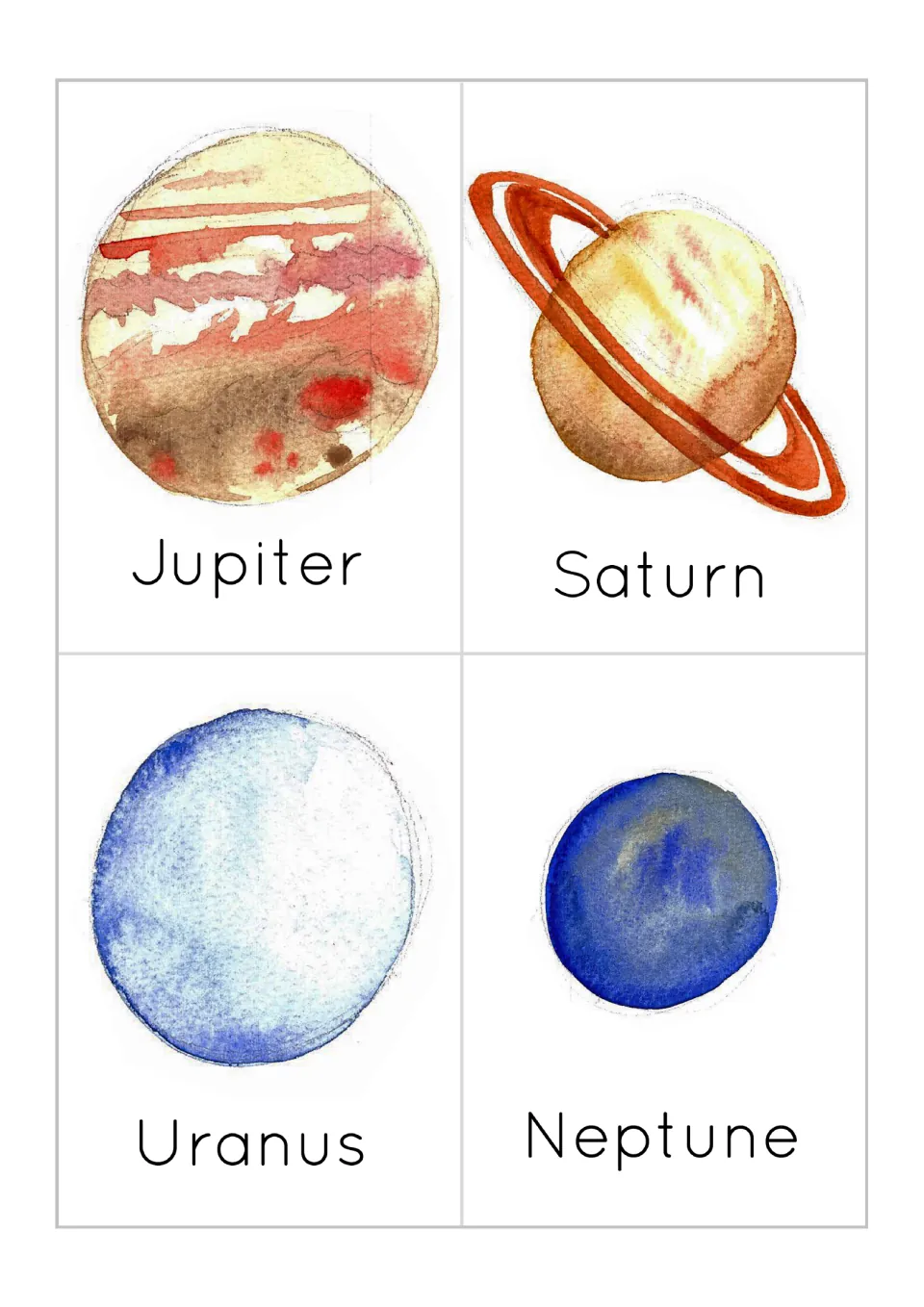 Outer planet flash cards: watercolor Jupiter, Saturn with its rings, Uranus and Neptune, each card labeled with its name