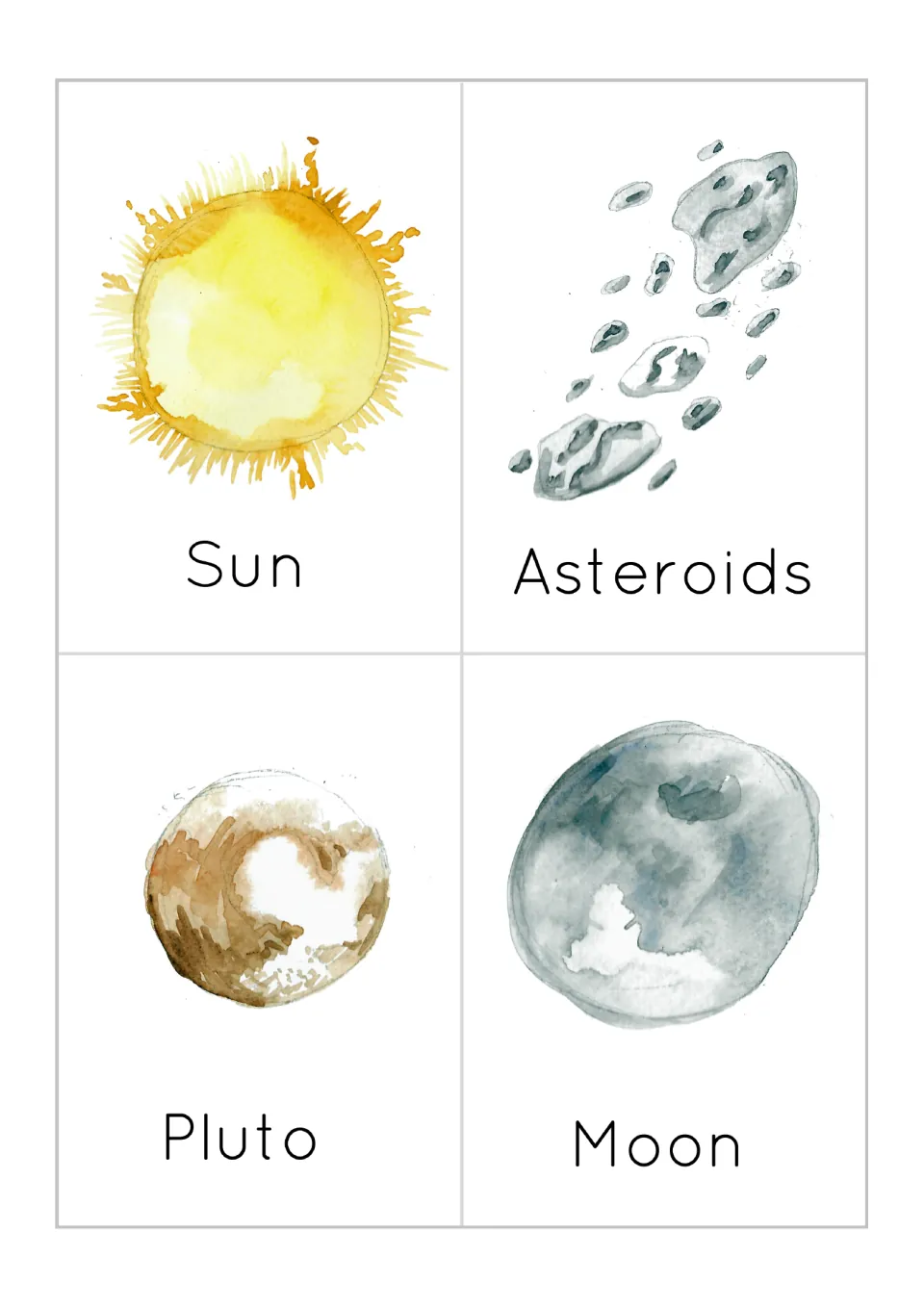 Flash cards for other space objects: watercolor Sun, asteroids, Pluto and the Moon, each shown with its name below