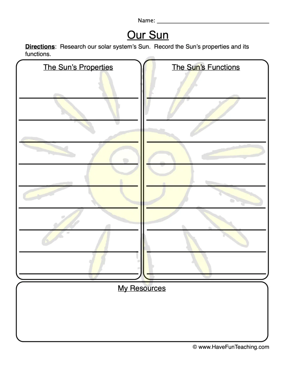 The Sun research organiser: students record the Sun's properties and functions, then list the resources they used