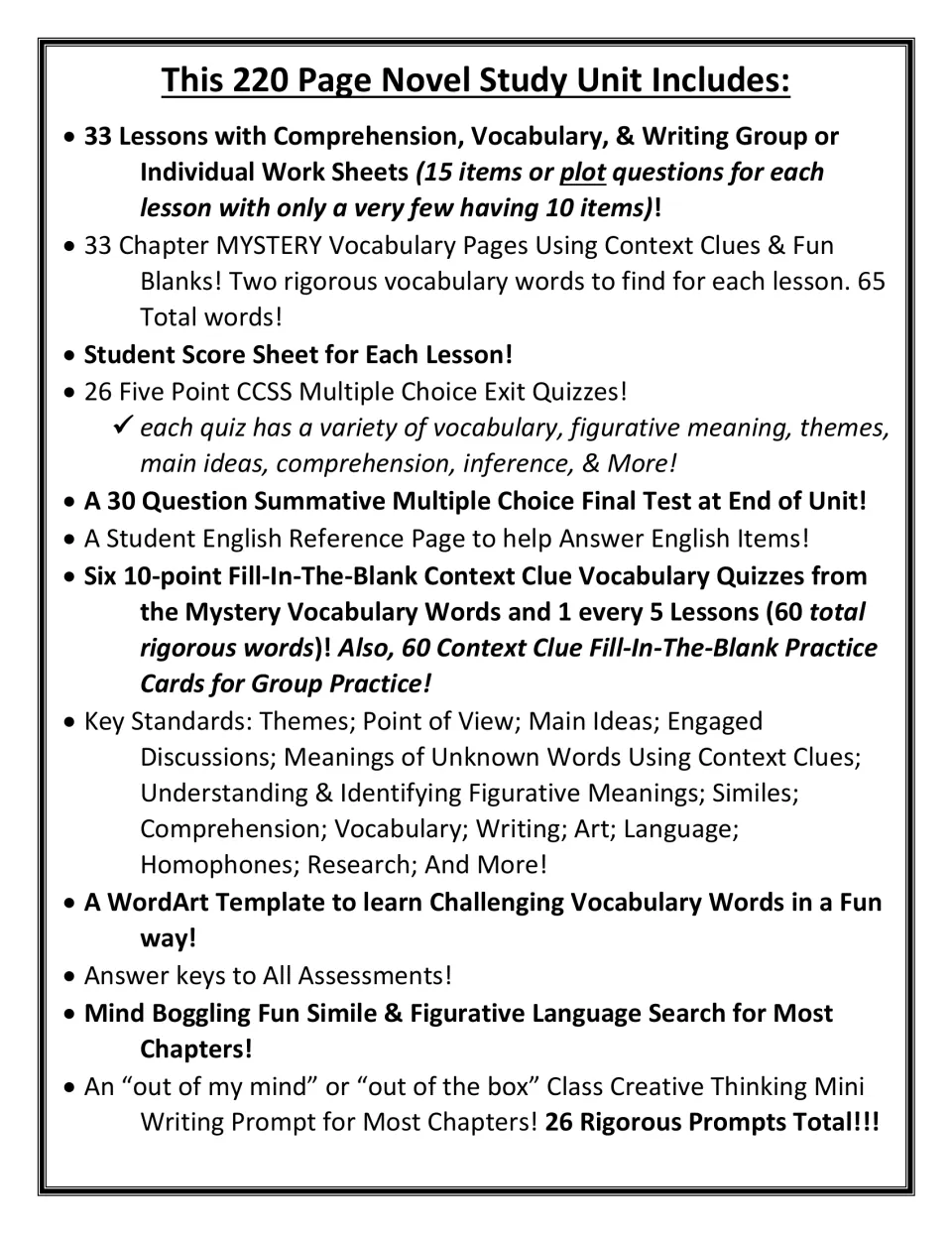 Unit contents list: 33 lessons, mystery vocabulary pages, exit quizzes, a 30-question final test and answer keys