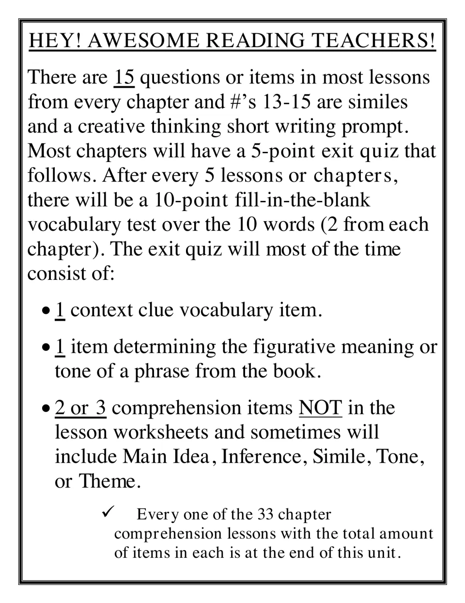 Teacher notes on lesson format: 15 items per lesson, 5-point exit quizzes and a vocabulary test after every 5 chapters
