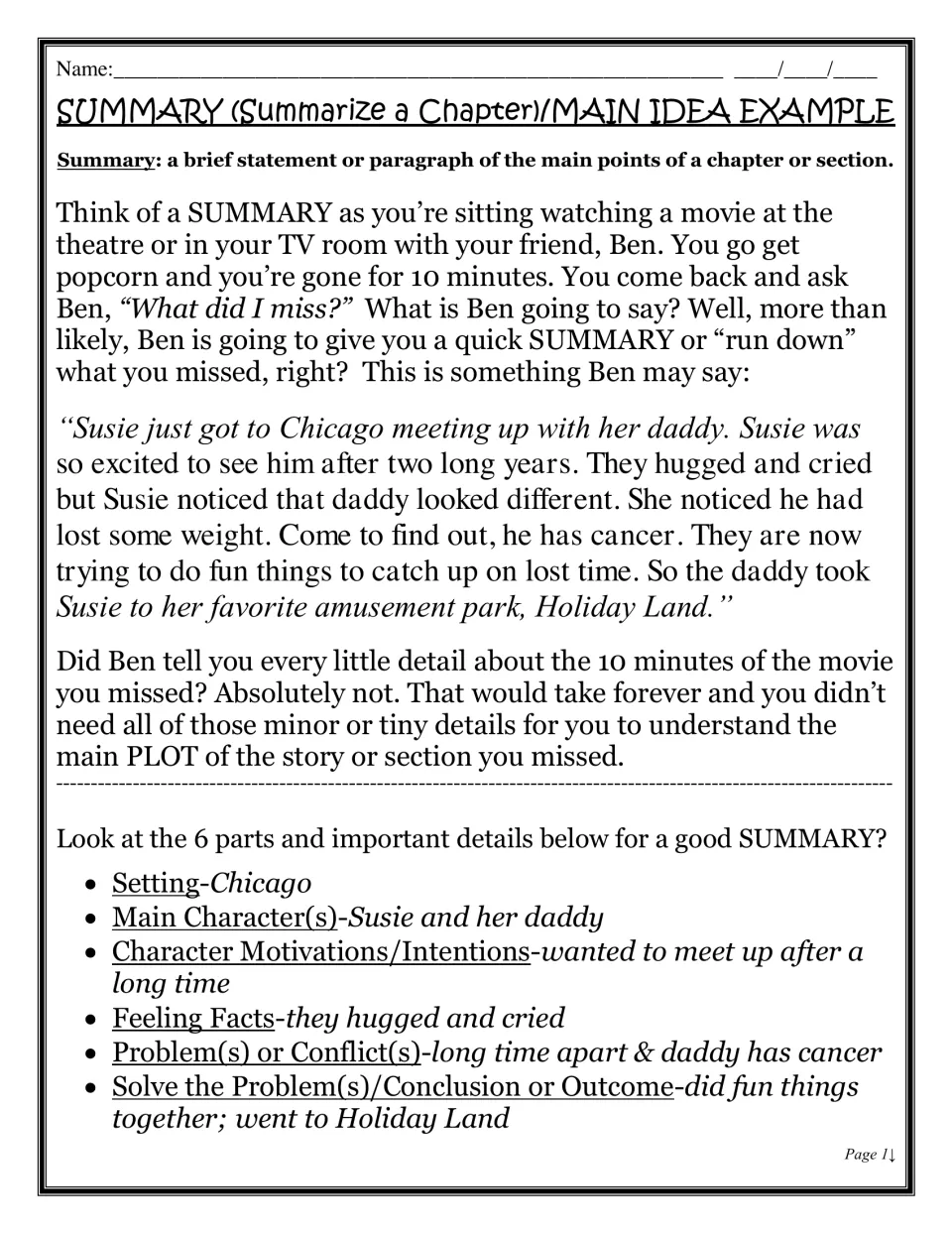 Summary and main idea example: a movie-popcorn story about Susie models six summary parts, from setting to outcome