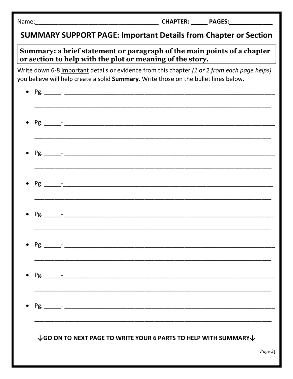 Summary support page: students record 6 to 8 important details from a chapter, each with its page number