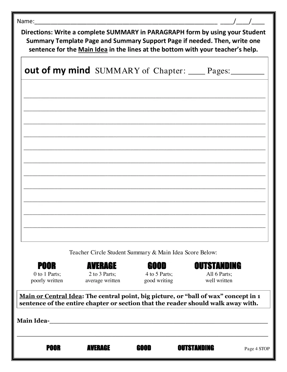 Summary writing page: students write a chapter summary paragraph and a one-sentence main idea, scored poor to outstanding
