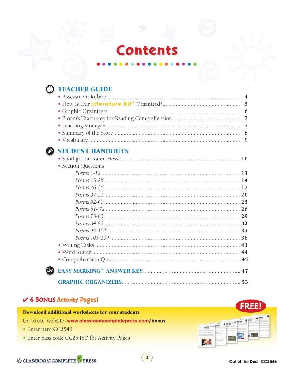 Contents lists teacher guidance, questions for ten poem groups, writing tasks, quiz, answer key, and organizers