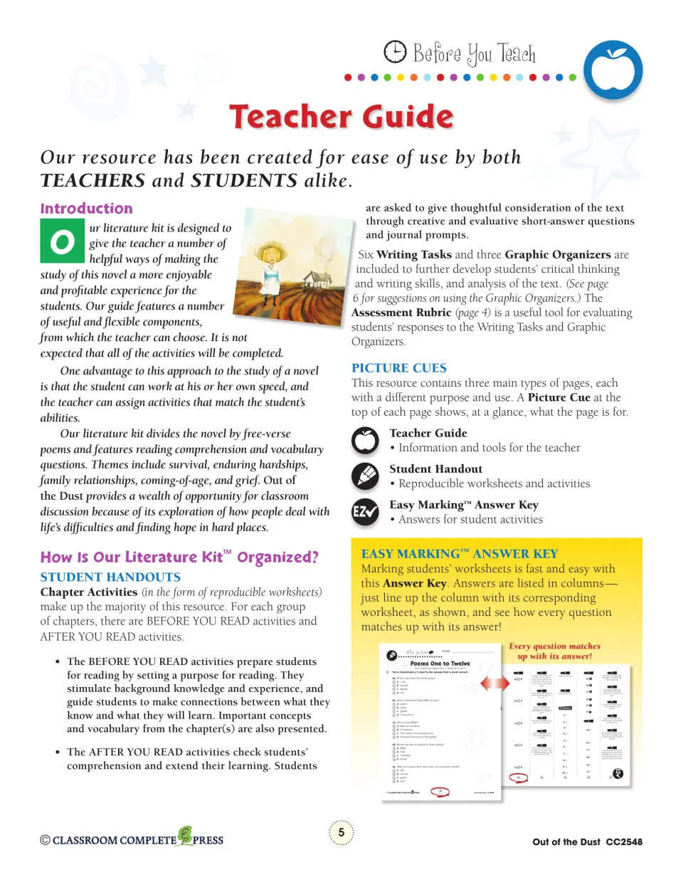 Teacher guide explains before- and after-reading activities, six writing tasks, and three graphic organizers