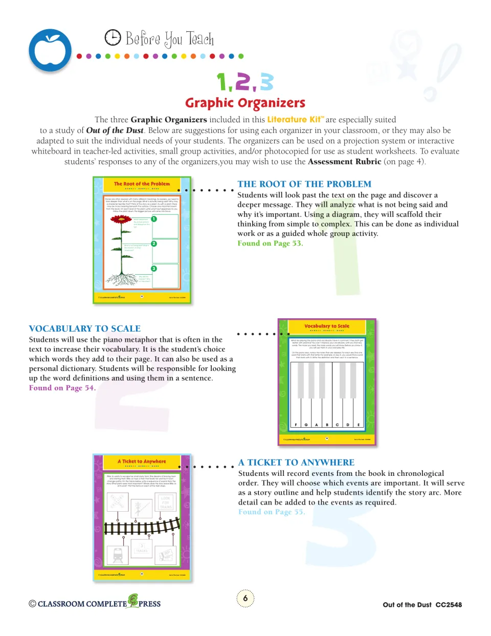 Teacher notes explain The Root of the Problem, Vocabulary to Scale, and A Ticket to Anywhere organizers