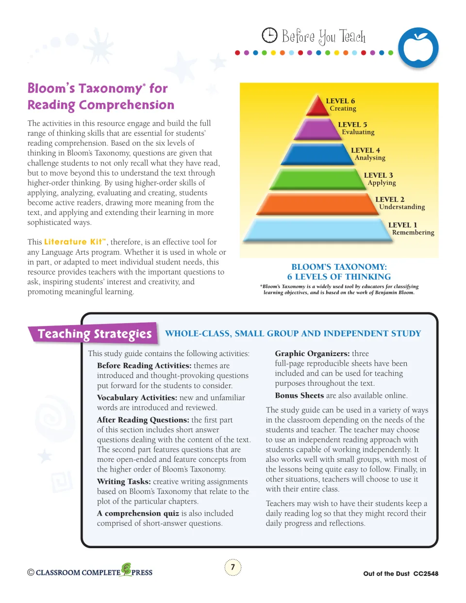 Teacher guide explains six Bloom's Taxonomy levels and strategies for whole-class, small-group, and solo study