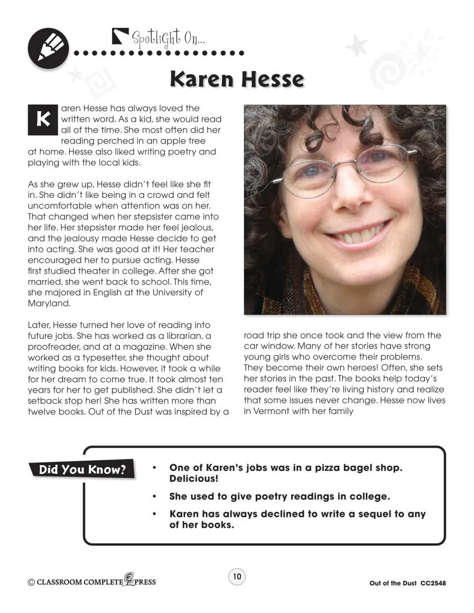 Author spotlight introduces Karen Hesse's childhood reading, education, jobs, and inspiration for the novel
