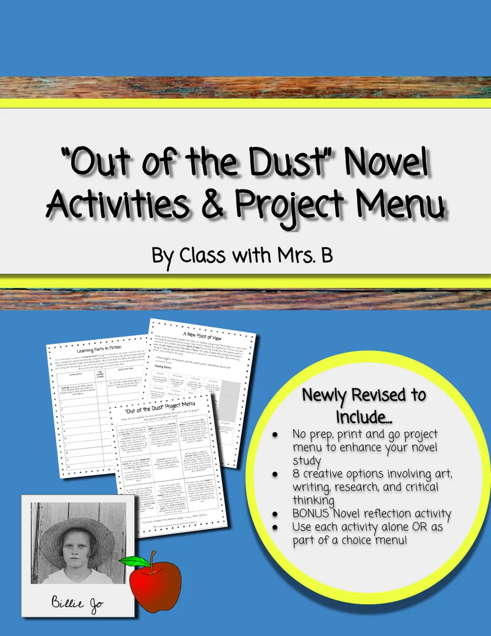 Cover of “Out of the Dust” Novel Activities + Project Menu, featuring eight choices and a reflection activity