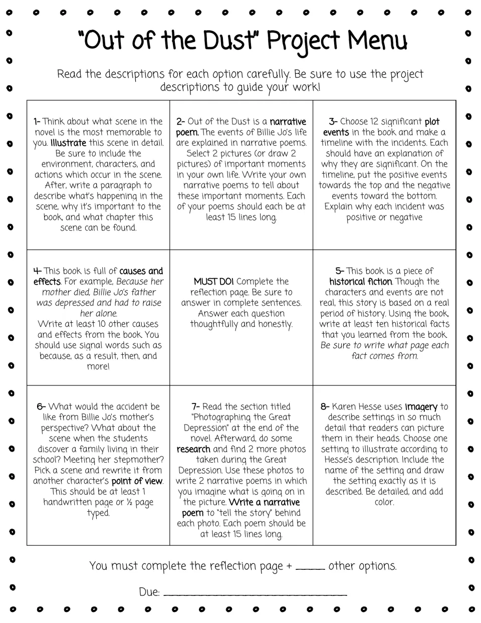 Project menu offering eight choices, including scene illustration, narrative poems, and a plot timeline