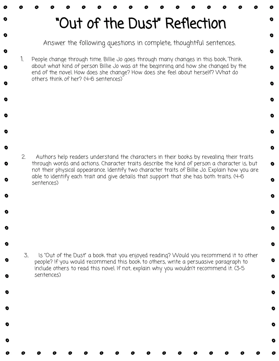 Required reflection asks about Billie Jo’s changes, two character traits, and whether to recommend the novel