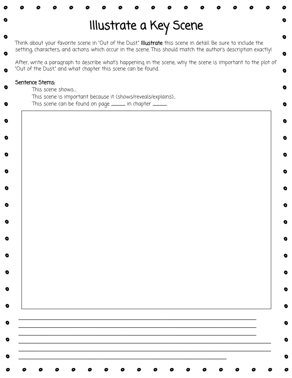 Key scene activity asks for a detailed illustration and a paragraph explaining its plot importance and chapter