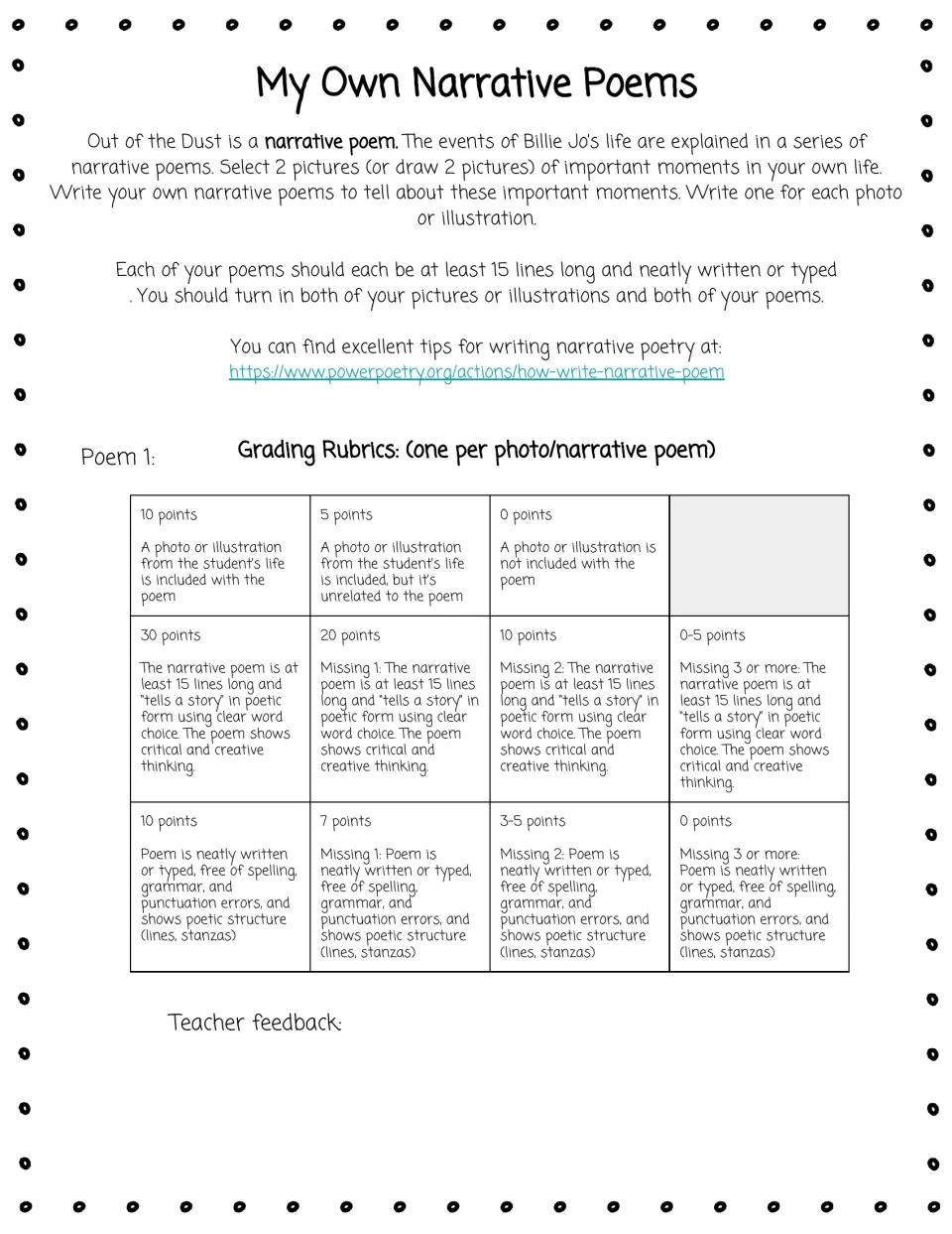 Personal narrative poetry project requires two pictures and two poems of at least 15 lines, with poem 1 rubric