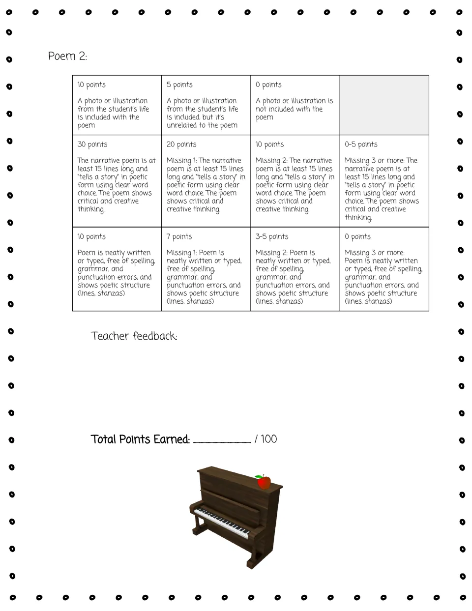 Second personal narrative poem rubric scores the picture, storytelling, and writing, with a combined total
