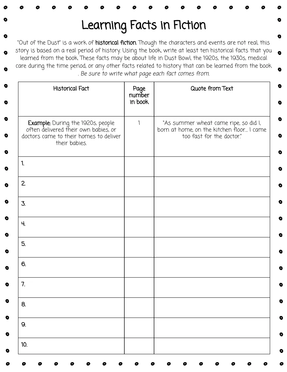 Historical fiction activity asks for 10 facts learned from the novel, each with a page number and text quote