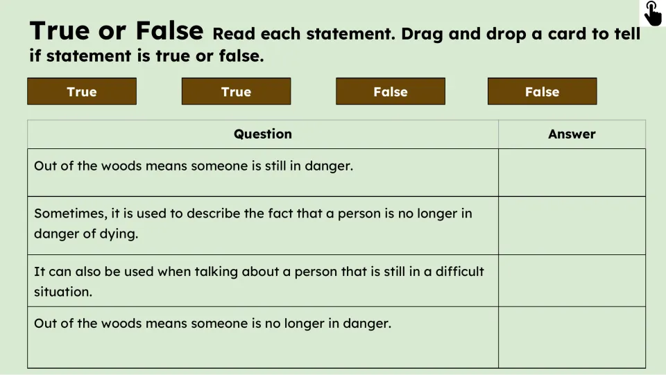 True-or-false activity has four statements about the idiom's meaning and movable True and False answer cards