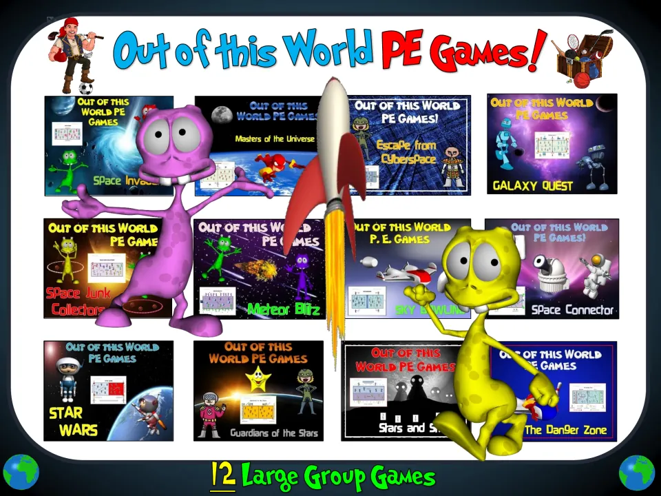 Out of this World PE Games cover: 12 Large Group Games shown as thumbnails with cartoon aliens, a rocket and a pirate