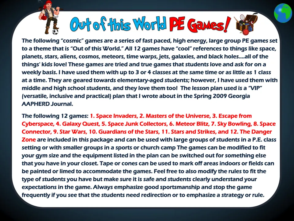 Introduction to the space-themed large group games, with a numbered list of all 12 game names from Space Invaders on
