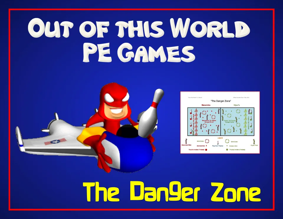 Title slide for The Danger Zone game: a cartoon pilot in a jet holding a bowling pin, with a small court diagram