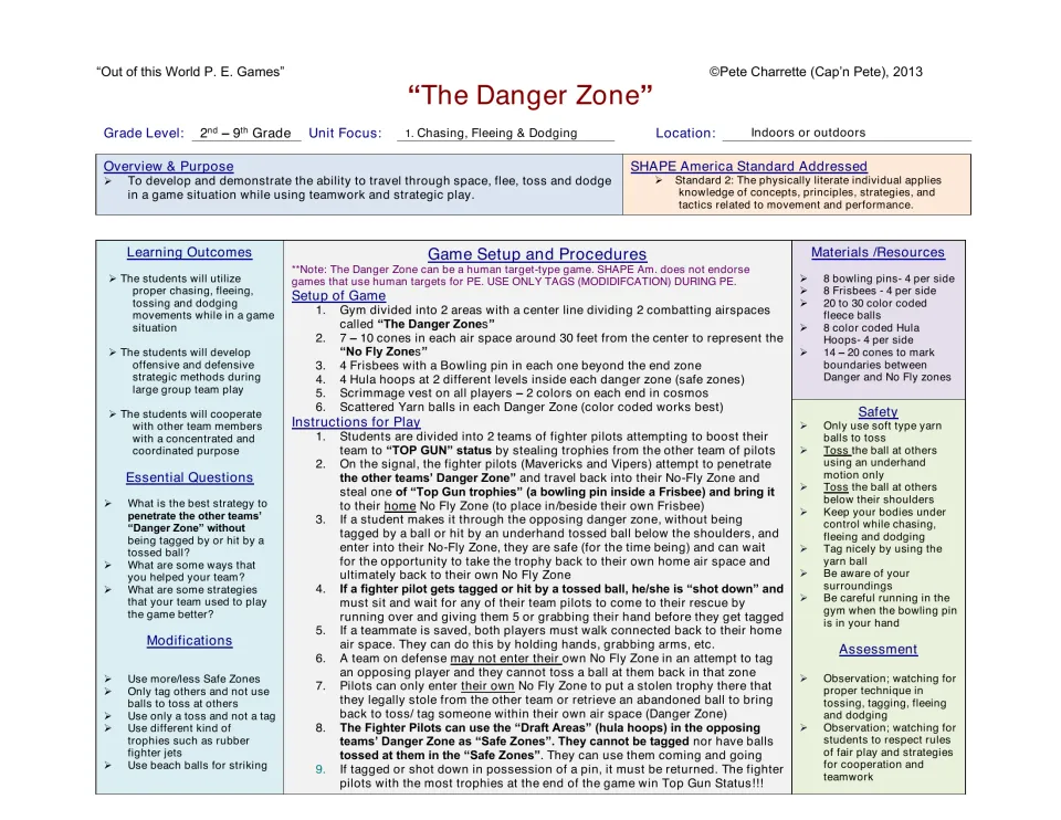 The Danger Zone lesson plan: setup, 9 steps for two teams of pilots stealing trophies, materials, safety and assessment