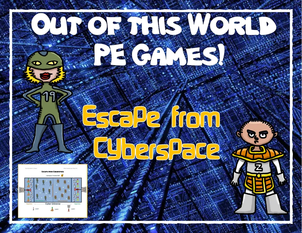 Title slide for Escape from Cyberspace: two cartoon warriors on a blue digital background with a small court diagram
