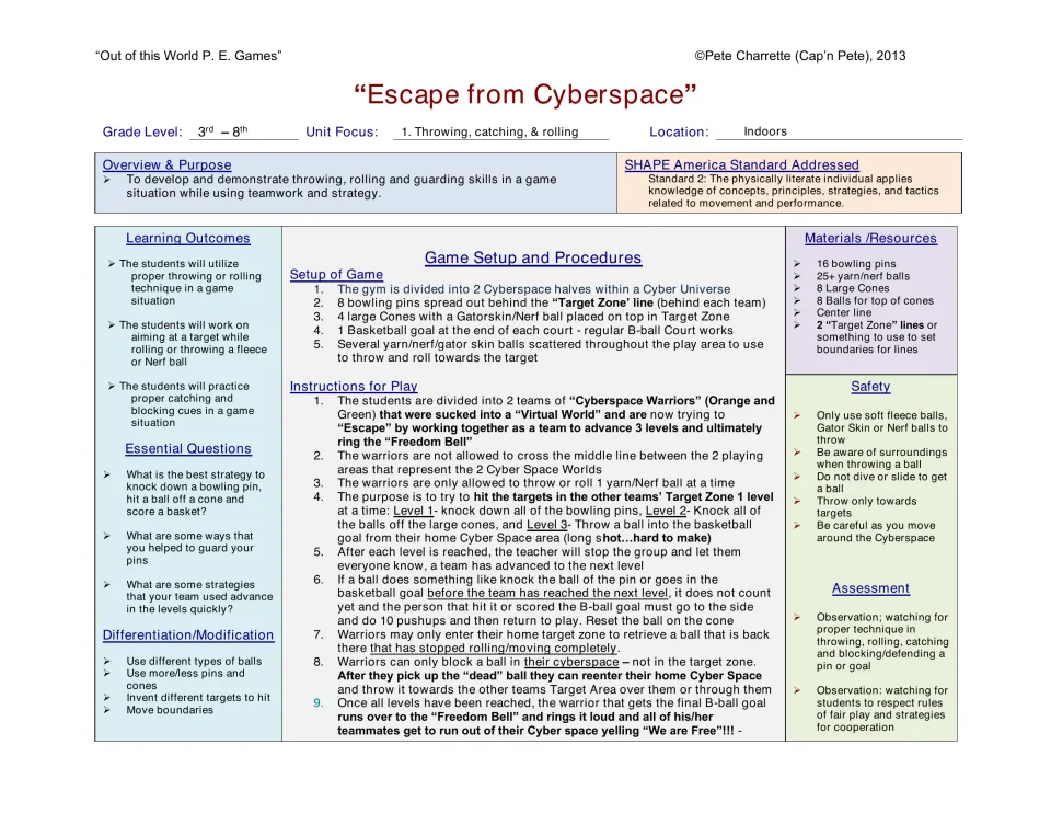 Escape from Cyberspace lesson plan: throwing and rolling at pins, cones and a basket in 3 levels, plus safety rules