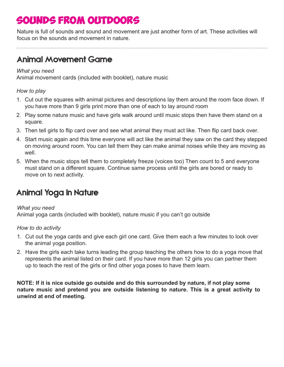 Sounds from Outdoors instructions for an Animal Movement Game and Animal Yoga in Nature using included cards