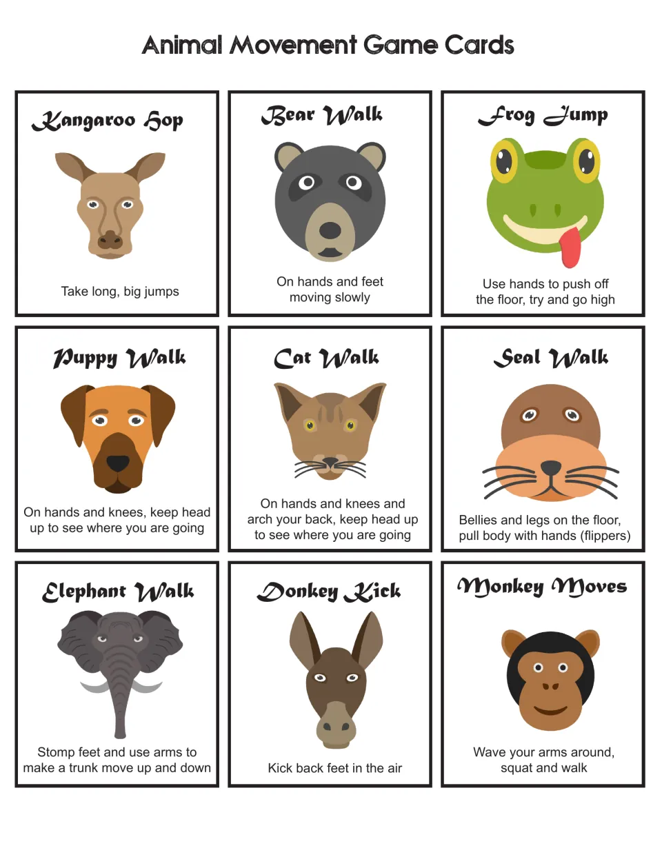 Nine animal movement cards: kangaroo, bear, frog, puppy, cat, seal, elephant, donkey, and monkey actions