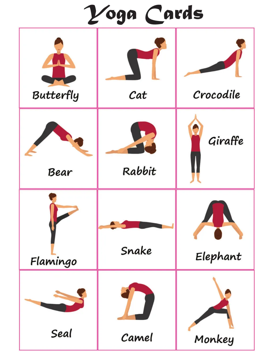 Twelve illustrated animal yoga cards: Butterfly, Cat, Crocodile, Bear, Rabbit, Giraffe, and six more poses