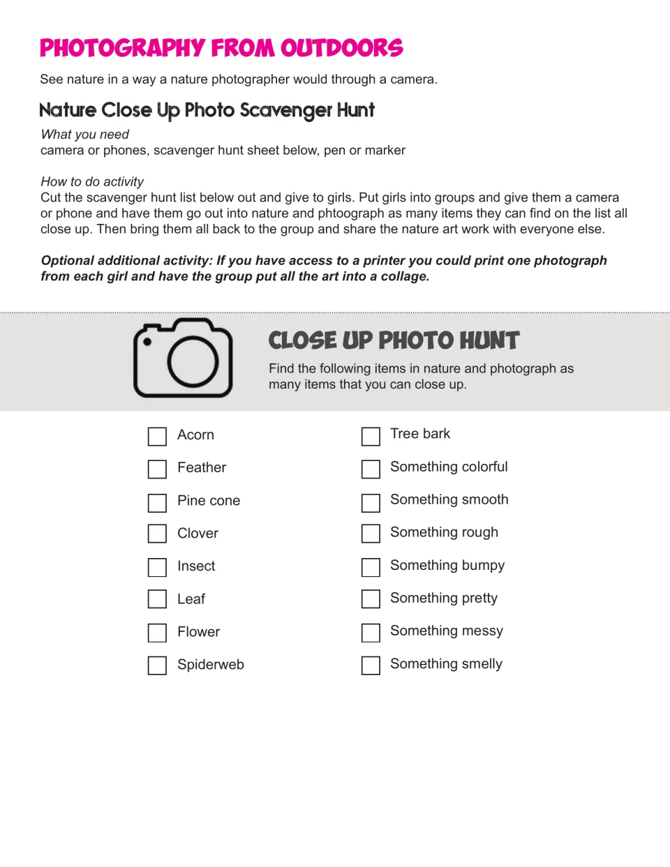 Close Up Photo Hunt checklist: 16 nature prompts, including acorn, feather, tree bark, and something rough