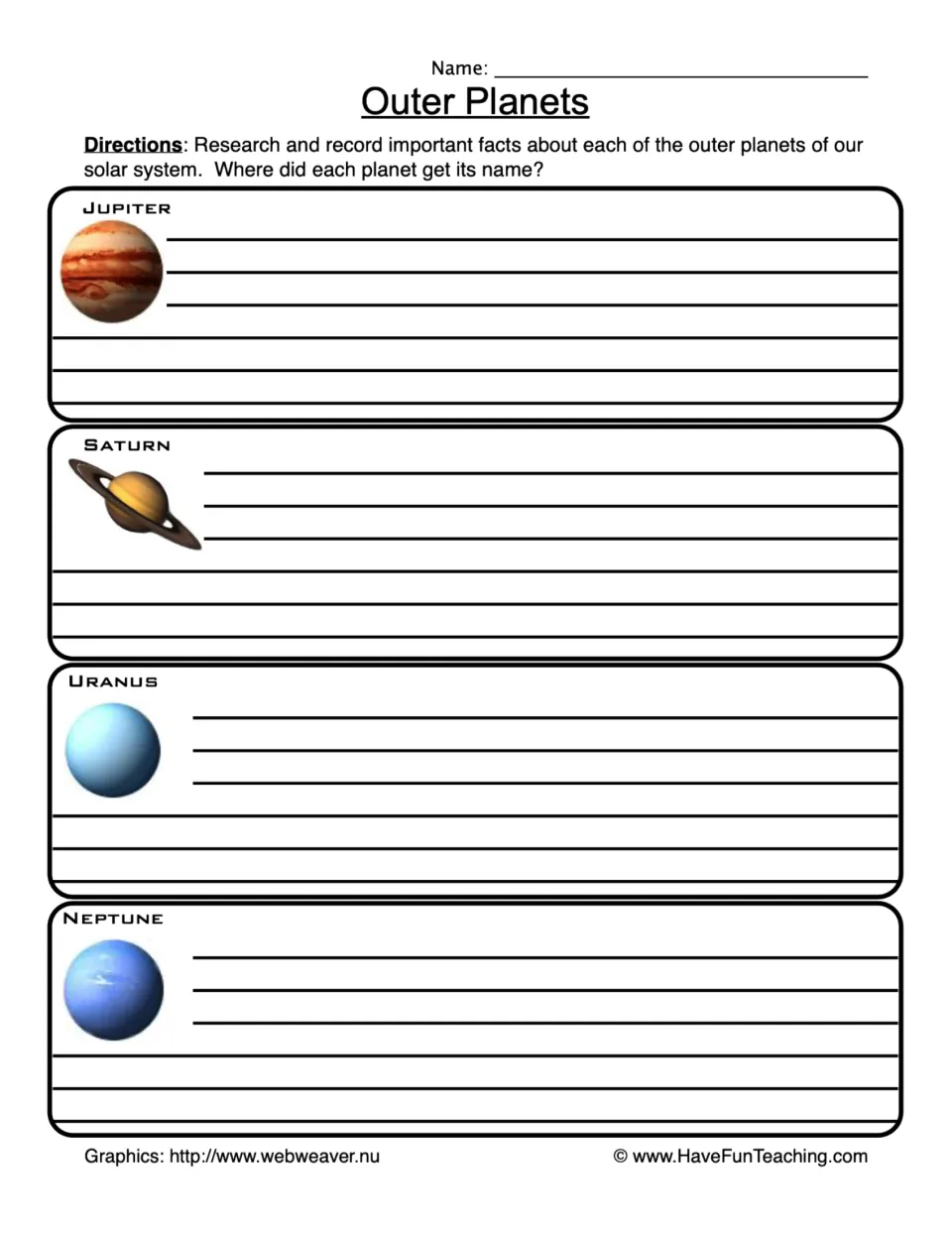 Outer planet research worksheet: record facts and name origins for Jupiter, Saturn, Uranus, and Neptune.