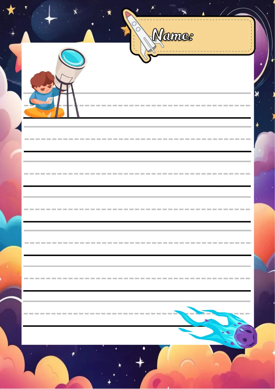 Space handwriting paper on a starry sky: a child at a telescope and a comet beside 7 rows for printing practice